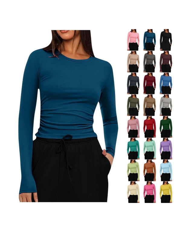 Long Sleeve Shirts for Women Crew Neck Basic Tops Slim Fit Stretch Casual Shirts Soft Layering Tee Fall Winter Everyday Wear Deep Teal