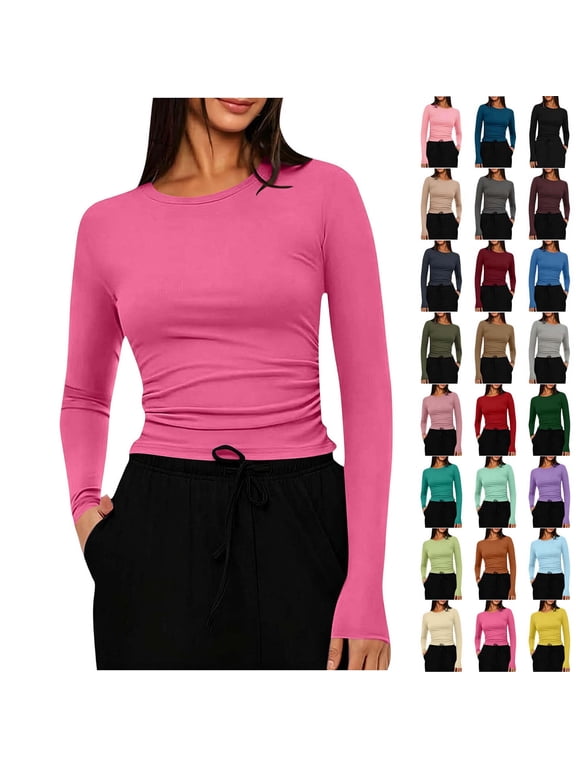 Long Sleeve Shirts for Women Crew Neck Basic Tops Slim Fit Stretch Casual Shirts Soft Layering Tee Fall Winter Everyday Wear Hot Pink