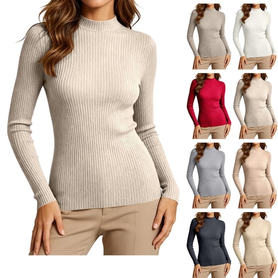 Xaqiouau Long Sleeve Sweater for Women Solid Color Mock Neck Vertical Rib Knit Slim Fit Stretchy Pullover Fall Soft Breathable Daily Inner Layer Basic Tops Khaki XXL