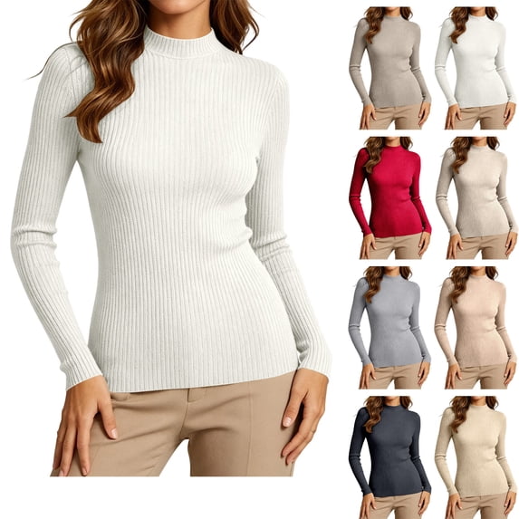 Xaqiouau Long Sleeve Sweater for Women Solid Color Mock Neck Vertical Rib Knit Slim Fit Stretchy Pullover Fall Soft Breathable Daily Inner Layer Basic Tops White XXL