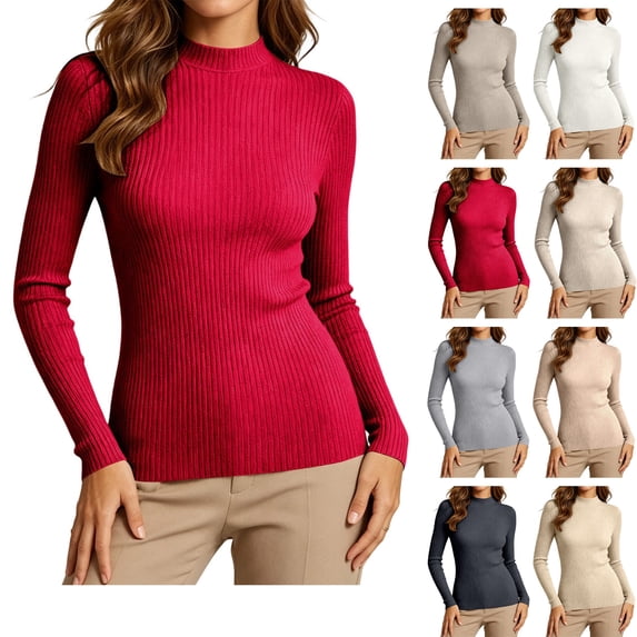 Xaqiouau Long Sleeve Sweater for Women Solid Color Mock Neck Vertical Rib Knit Slim Fit Stretchy Pullover Fall Soft Breathable Daily Inner Layer Basic Tops Red S