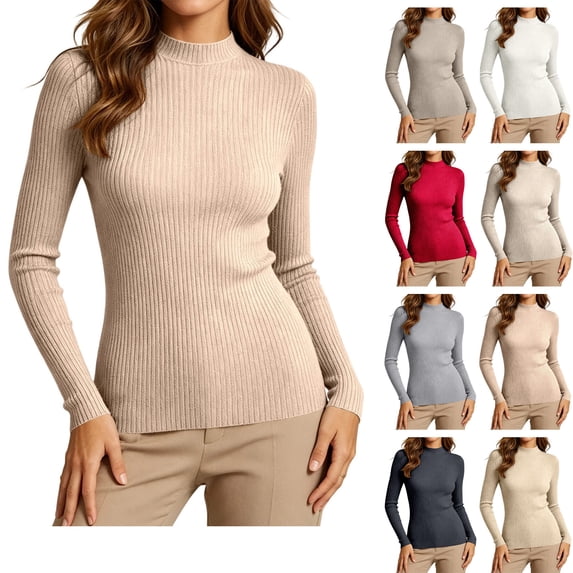 Xaqiouau Long Sleeve Sweater for Women Solid Color Mock Neck Vertical Rib Knit Slim Fit Stretchy Pullover Fall Soft Breathable Daily Inner Layer Basic Tops Coffee XXL