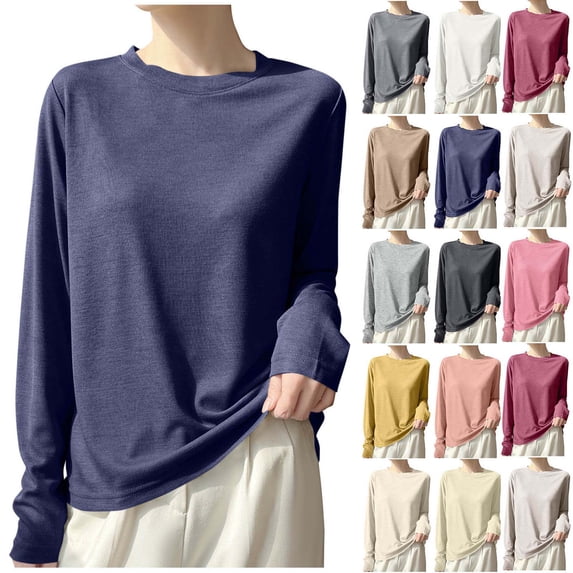 Xaqiouau Long Sleeve Top for Women Crew Neck Lightweight Base Layer Shirt Soft Stretch Casual Basic Tee Loose Fit Fall Winter Top