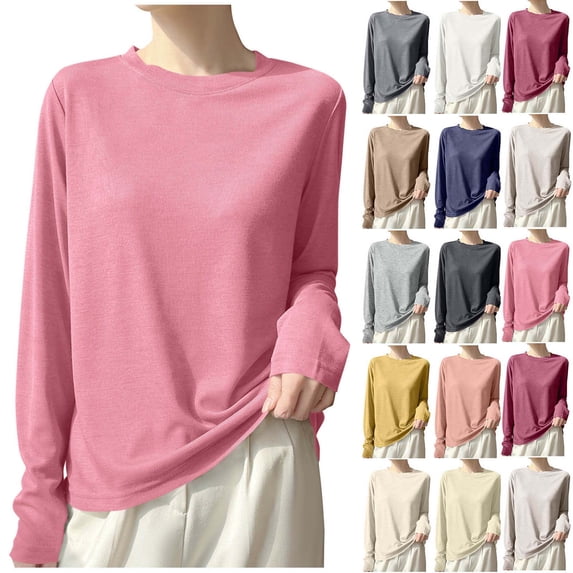 Xaqiouau Long Sleeve Top for Women Crew Neck Lightweight Base Layer Shirt Soft Stretch Casual Basic Tee Loose Fit Fall Winter Top