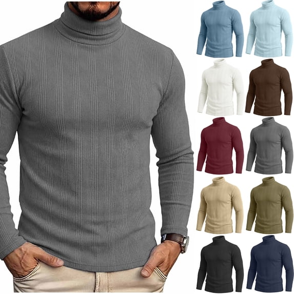 Xaqiouau Men Classic Cozy Vertical Ribbed Turtleneck Sweater Soft Solid Acrylic Pullover with Ribbing Edge Long Sleeve Fall Winter Casual Layering Top Gray S