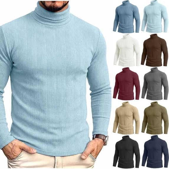 Xaqiouau Men Classic Cozy Vertical Ribbed Turtleneck Sweater Soft Solid Acrylic Pullover with Ribbing Edge Long Sleeve Fall Winter Casual Layering Top Light Blue XXL