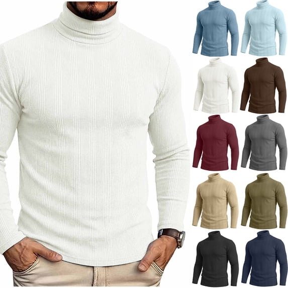 Xaqiouau Men Classic Cozy Vertical Ribbed Turtleneck Sweater Soft Solid Acrylic Pullover with Ribbing Edge Long Sleeve Fall Winter Casual Layering Top White L