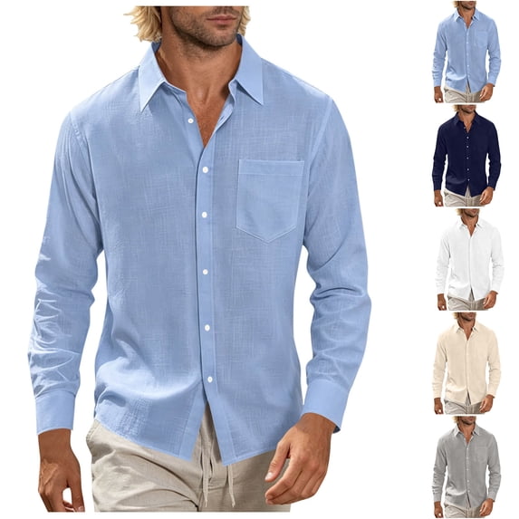 Xaqiouau Men Pure Linen Turn Down Collar Single Chest Pocket Full Button Front Solid Tone Summer Vacation Long Sleeve Woven Shirt Sky Blue S