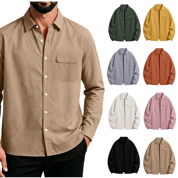 Xaqiouau Men Solid Color Turn Down Collar Chest Pocket Button Down Long Sleeve Daily Commute Work Casual Woven Shirt Khaki XXL