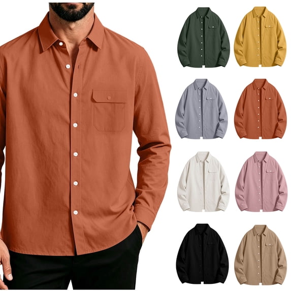 Xaqiouau Men Solid Color Turn Down Collar Chest Pocket Button Down Long Sleeve Daily Commute Work Casual Woven Shirt Orange L