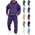 thumbnail image 1 of Xaqiouau Men's 2 Piece Tracksuit Hoodie and Cargo Pants Set Drawstring Pullover Sweatshirt Joggers with Pockets Casual Sportswear Outfit Fall Winter Gym Wear Purple L, 1 of 9