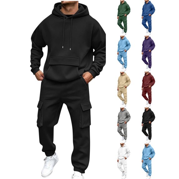 Xaqiouau Men's 2 Piece Tracksuit Hoodie and Cargo Pants Set Drawstring Pullover Sweatshirt Joggers with Pockets Casual Sportswear Outfit Fall Winter Gym Wear Black M