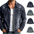 thumbnail image 1 of Xaqiouau Men's Blue Ripped Denim Jacket Distressed Jean Coat Spring Summer Style High Street Washed Workwear Outerwear Casual Trucker Jacket with Pockets Black XXL, 1 of 9