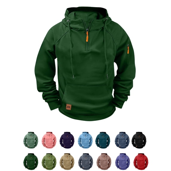Xaqiouau Men's Half Zip Hoodie Raglan Sleeve Pullover Multi-Pocket Fleece Lined Sweatshirt Hooded Outdoor Sportswear Top with Kangaroo Pocket Army Green S