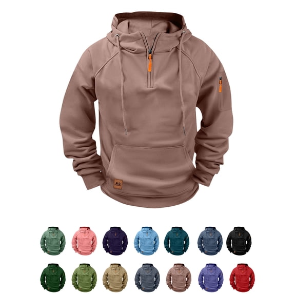 Xaqiouau Men's Half Zip Hoodie Raglan Sleeve Pullover Multi-Pocket Fleece Lined Sweatshirt Hooded Outdoor Sportswear Top with Kangaroo Pocket Rose Gold L