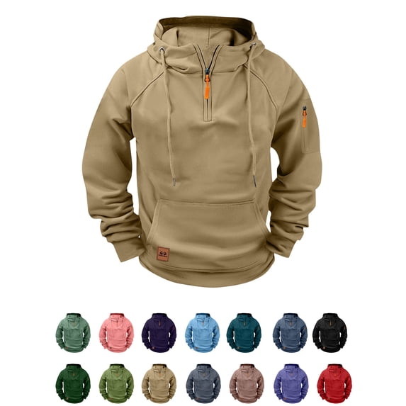 Xaqiouau Men's Half Zip Hoodie Raglan Sleeve Pullover Multi-Pocket Fleece Lined Sweatshirt Hooded Outdoor Sportswear Top with Kangaroo Pocket Khaki S