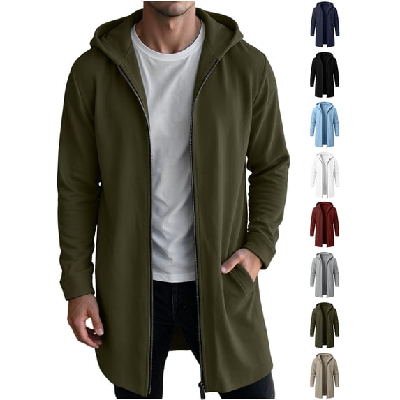 Xaqiouau Men's Hooded Full Zip Longline Sweatshirt Jacket Solid Color Casual Coat with Pockets Drawstring Winter Everyday Outerwear Army Green XXL