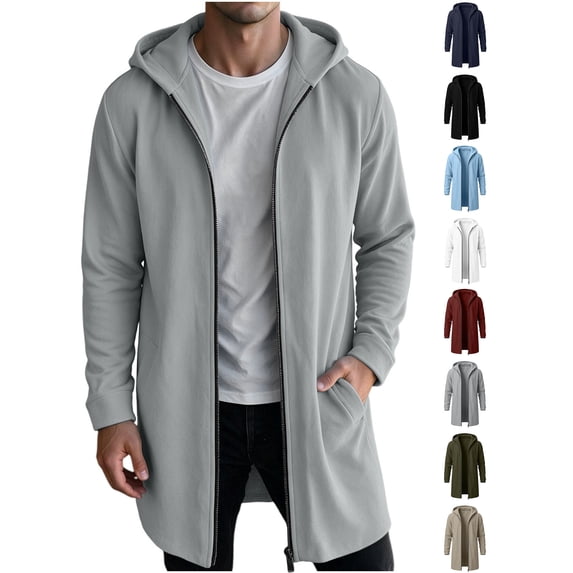 Xaqiouau Men's Hooded Full Zip Longline Sweatshirt Jacket Solid Color Casual Coat with Pockets Drawstring Winter Everyday Outerwear Gray S