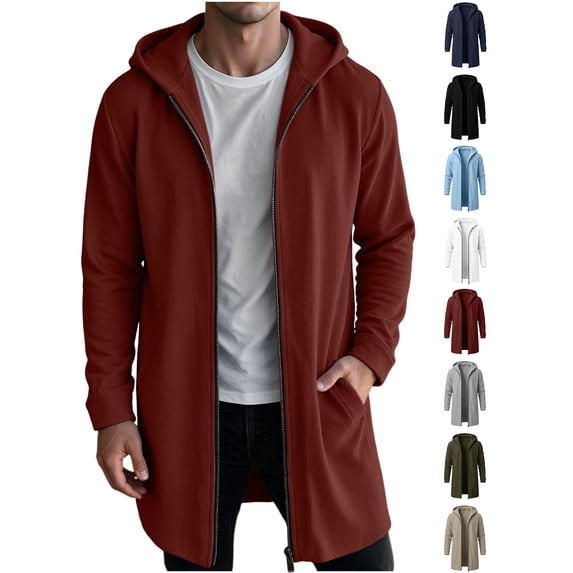 Xaqiouau Men's Hooded Full Zip Longline Sweatshirt Jacket Solid Color Casual Coat with Pockets Drawstring Winter Everyday Outerwear Wine S