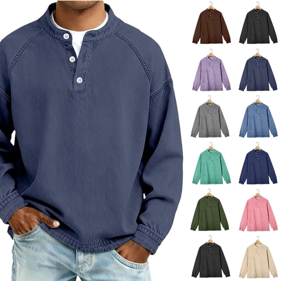 Xaqiouau Men's Tops Henley Neck Denim Washed Raglan Long Sleeve Pullover Top Spring Fall Vintage Casual Layering Essential Apparel Navy M