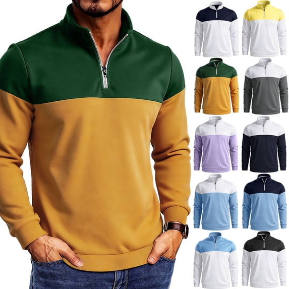Xaqiouau Mens Colorblock Quarter-Zip Stand Collar Sweatshirt Long Sleeve Ribbed Cuffs Regular Fit Pullover for Spring & Fall Casual Everyday Tops Green S