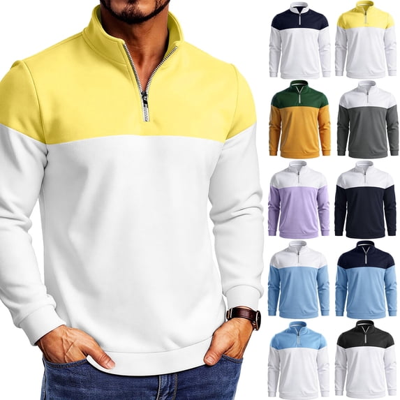 Xaqiouau Mens Colorblock Quarter-Zip Stand Collar Sweatshirt Long Sleeve Ribbed Cuffs Regular Fit Pullover for Spring & Fall Casual Everyday Tops Yellow XXXL