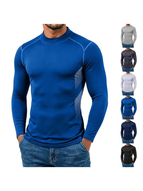 Mens Polyester Spandex Milk Silk Mock Neck Contrast Seam Stitch Breathable Side Mesh Slim Fit Long Sleeve Pullover Athletic Base Layer Top Blue S