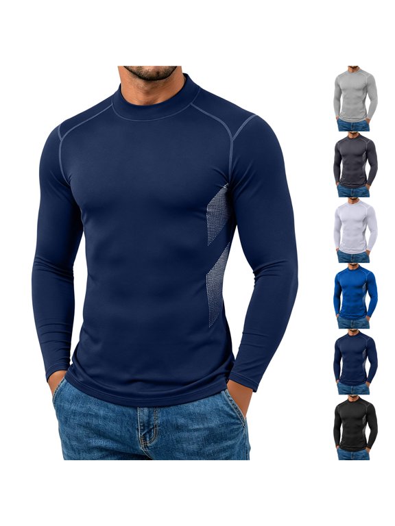 Mens Polyester Spandex Milk Silk Mock Neck Contrast Seam Stitch Breathable Side Mesh Slim Fit Long Sleeve Pullover Athletic Base Layer Top Navy L
