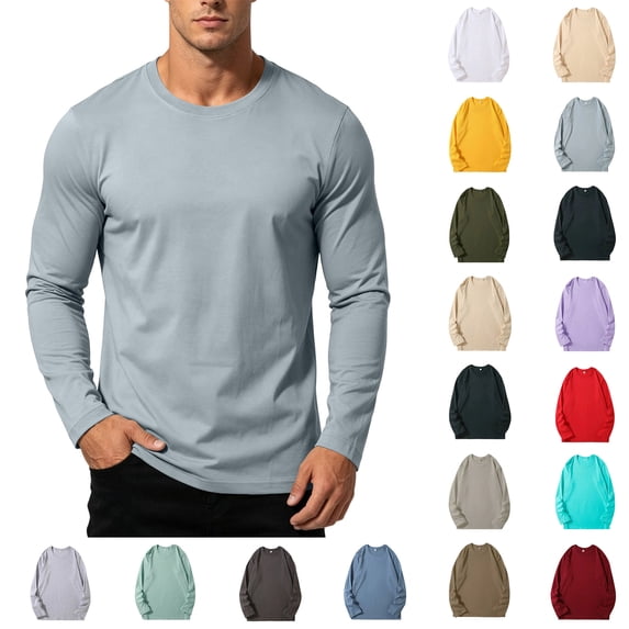Xaqiouau Mens Pure Cotton Crew Neck Regular Shoulder Versatile Fit Long Sleeve Pullover Top Solid Tone Basic Undershirt Light Blue XXL