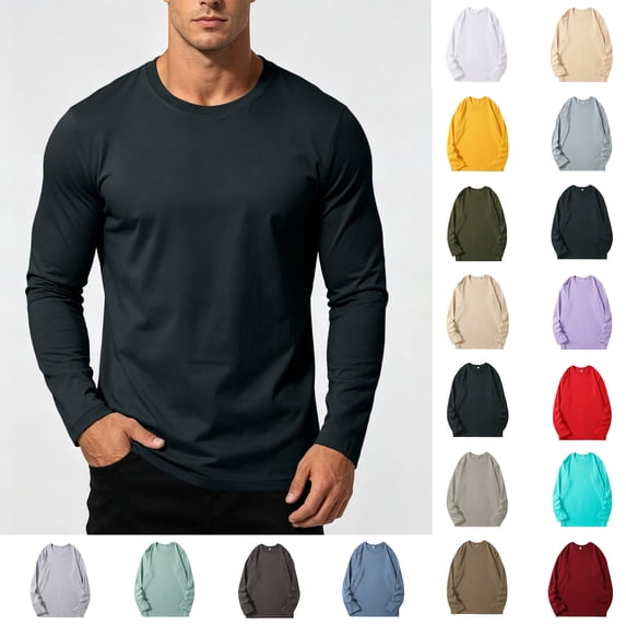 Xaqiouau Mens Pure Cotton Crew Neck Regular Shoulder Versatile Fit Long Sleeve Pullover Top Solid Tone Basic Undershirt Navy XXL