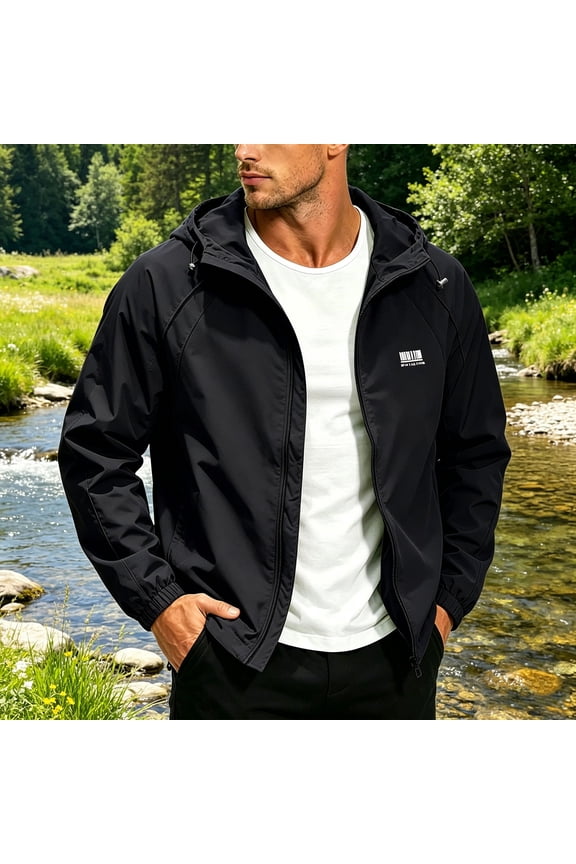 Mens Solid Color Lightweight Polyester Stitched Panel Drawstring Hooded Full Zip Side Zipper Pockets Water Repellent Casual Windbreaker Jacket Black XXXL