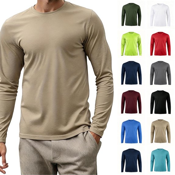 Xaqiouau Mens Solid Color Mesh Polyester Crew Neck Breathable Regular Fit Long Sleeve Pullover Top Lightweight Daily Casual Everyday Basic Outfits Khaki S