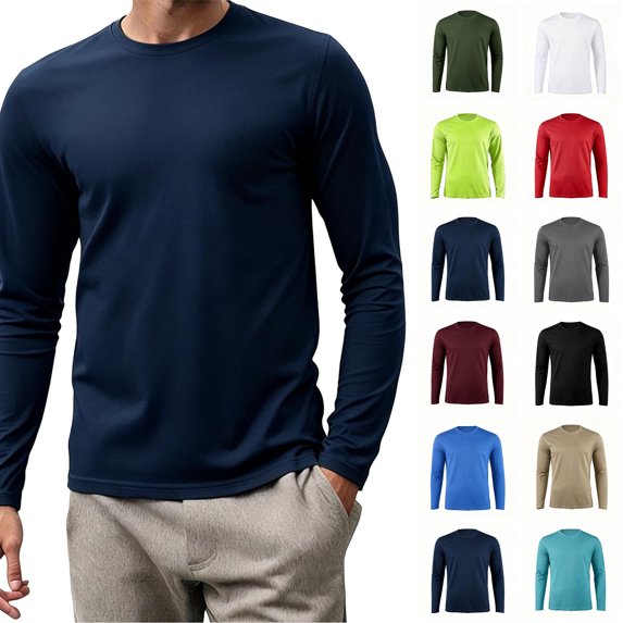 Xaqiouau Mens Solid Color Mesh Polyester Crew Neck Breathable Regular Fit Long Sleeve Pullover Top Lightweight Daily Casual Everyday Basic Outfits Navy XL
