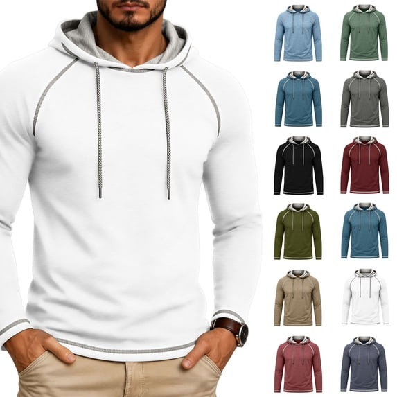 Xaqiouau Mens Solid Color Poly-Rayon Blend Hoodie Raglan Sleeve Pullover Long Sleeve Slim Fit Casual Spring & Fall Daily Tops White XL