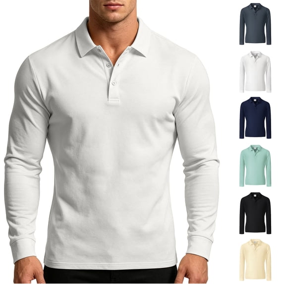 Xaqiouau Mens Solid Polyester Pique Collared Button Closure Slim Fit Long Sleeve Collared Top Business Casual Daily Commuter Basic Wear Everyday Outfits White L