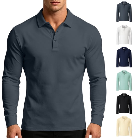 Xaqiouau Mens Solid Polyester Pique Collared Button Closure Slim Fit Long Sleeve Collared Top Business Casual Daily Commuter Basic Wear Everyday Outfits Dark Gray M