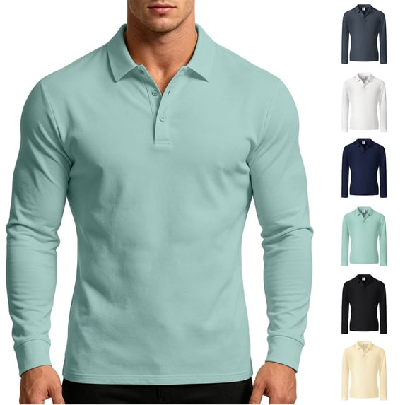 Xaqiouau Mens Solid Polyester Pique Collared Button Closure Slim Fit Long Sleeve Collared Top Business Casual Daily Commuter Basic Wear Everyday Outfits Green L