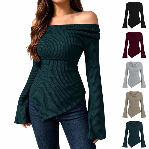Xaqiouau Off Shoulder Sweater for Women Ribbed Knit Long Sleeve Bell Sleeve Slim Fit Asymmetrical Hem Pullover Casual Fall Winter Top