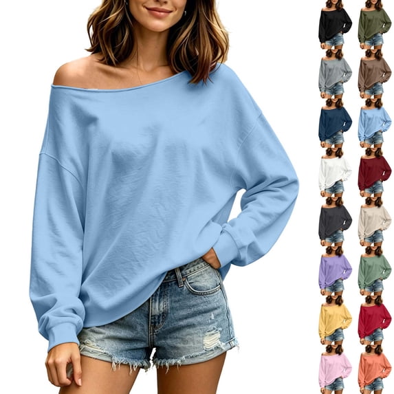 Xaqiouau Off The Shoulder Tops For Women Lightweight Pullover Sweatshirt Drop Shoulder Long Sleeve Loose Casual Fall Sweaters Oversized Tunic Blouse