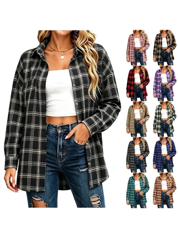 Plaid Flannel Shirts for Women Buffalo Plaid Shirts Oversized Long Sleeve Casual Button Down Shirt Lapel Collar Button Up Shacket Jacket