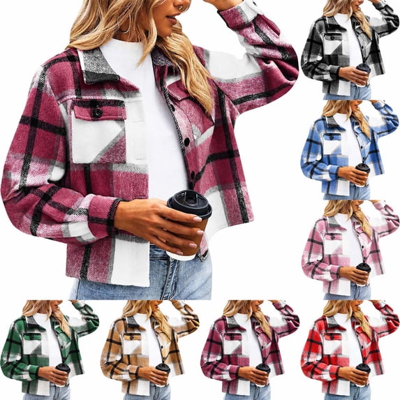 Xaqiouau Plaid Shacket Women Flannel Jacket Oversized Shirt Jacket Long Sleeve Button Up Casual Coat Fall Winter Outerwear with Pockets