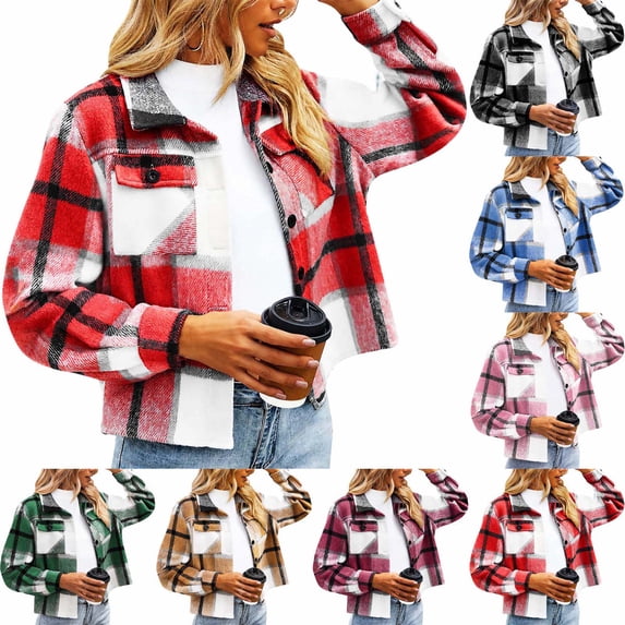 Xaqiouau Plaid Shacket Women Flannel Jacket Oversized Shirt Jacket Long Sleeve Button Up Casual Coat Fall Winter Outerwear with Pockets