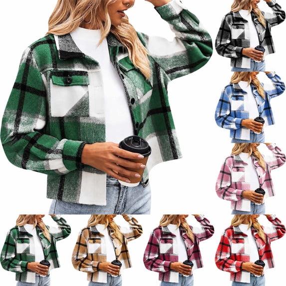 Xaqiouau Plaid Shacket Women Flannel Jacket Oversized Shirt Jacket Long Sleeve Button Up Casual Coat Fall Winter Outerwear with Pockets
