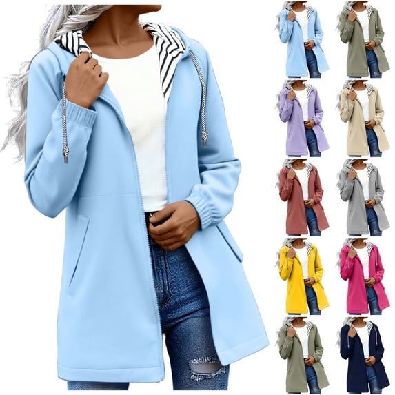 Xaqiouau Rain Jacket Women Waterproof Windbreaker Lightweight Rain Jackets with Pockets Striped Lined Raincoats with Hood Light Blue L