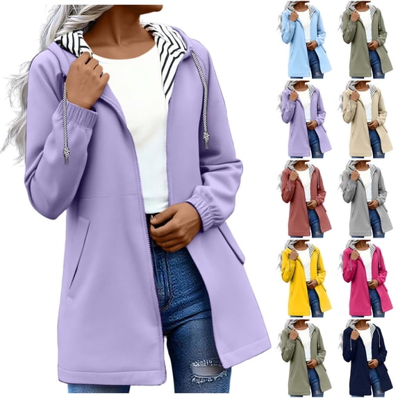 Xaqiouau Rain Jacket Women Waterproof Windbreaker Lightweight Rain Jackets with Pockets Striped Lined Raincoats with Hood Purple XXXL