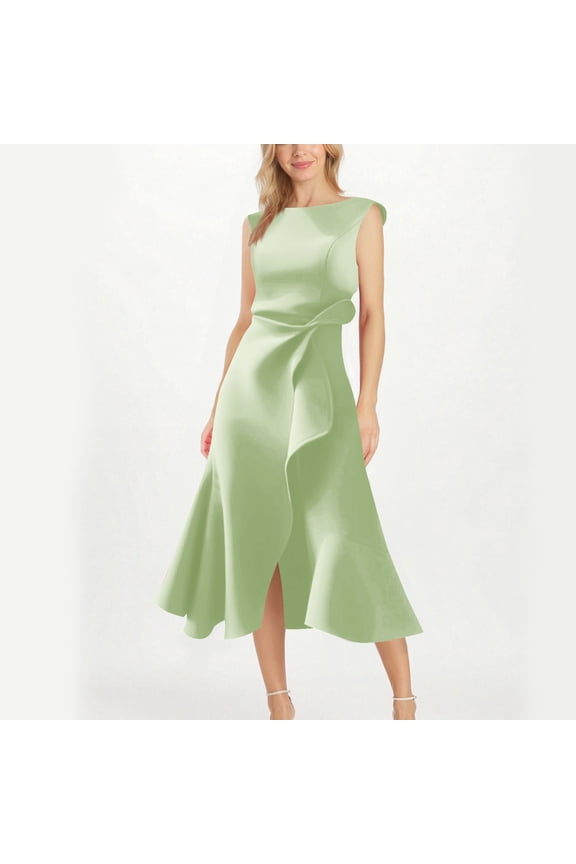 Sleeveless Satin Midi Dress with Wrap Waist Bow Detail Elegant Fitted Party Evening Wedding Guest Dress for Women Formal Occasion Vintage Style Special Events