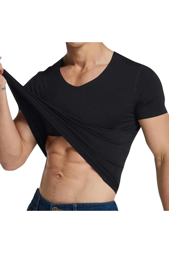 Summer Men's Solid Color V-Neck Short-Sleeved Pullover T-Shirt Fitness and Outdoor Seamless Stretch Tight Black XL