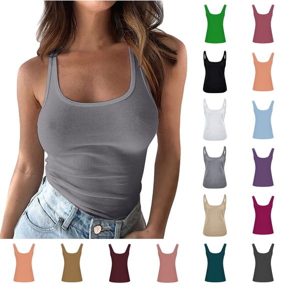Xaqiouau Summer Womens Polyester Spandex Tank Tops Ribbed U Neck Thin Strap Solid Color Sleeveless Daily Basic Slim Casual Tee Shirts Gray M