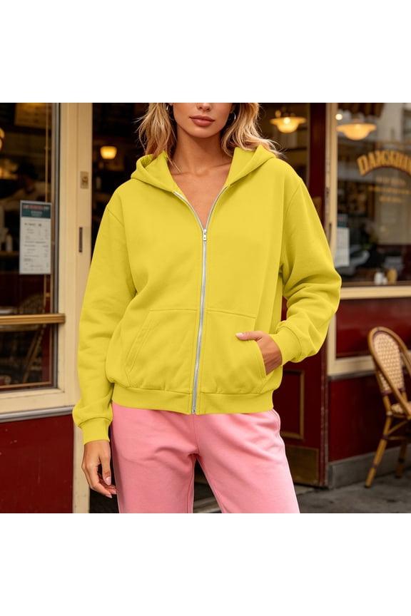 Unisex Solid Color Polyester Blend Full-Zip Hoodie Jacket Long Sleeve Relaxed Fit Sweatshirt with Kangaroo Pocket Casual Everyday Outerwear Yellow S