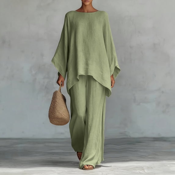 Xaqiouau Women 2 Piece Loungewear Round Neck Dolman Long Sleeve Top Elastic Waist Wide Leg Pants Summer Casual Cotton Blend Travel Daily Outfit Sets Army Green L